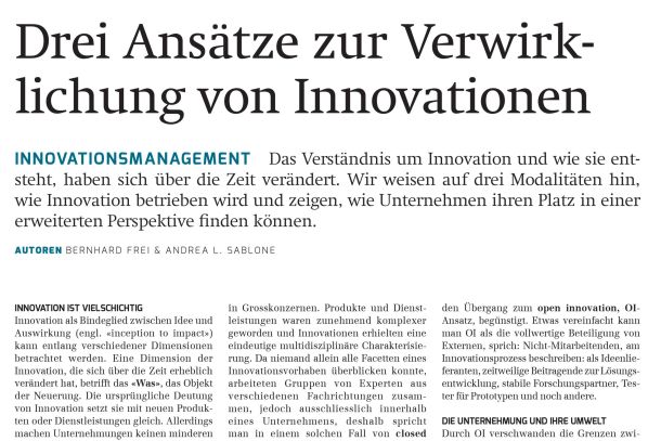 Article “Drei Ansätze zur Verwirklichung von Innovationen”