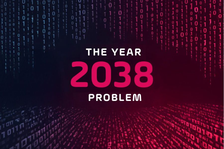 Year 2038 problem graphic with binary code background in blue and red, highlighting the risks of Unix timestamp overflow in legacy systems.