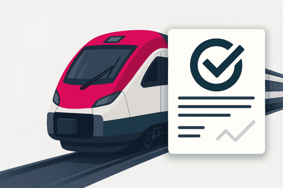 Illustration eines modernen Zuges auf Schienen, neben einem Zulassungssymbol mit einem Häkchen und einer Dokumentengrafik.