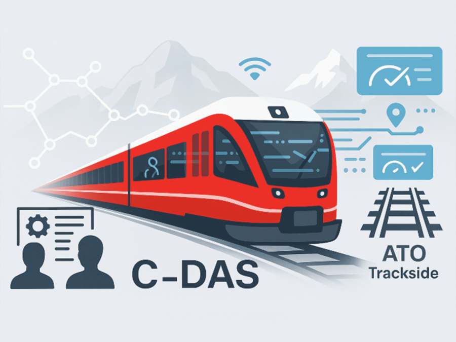 Illustration of a connected train with C-DAS and ATO trackside platform showing automated train operation, data connectivity and driver advisory system.