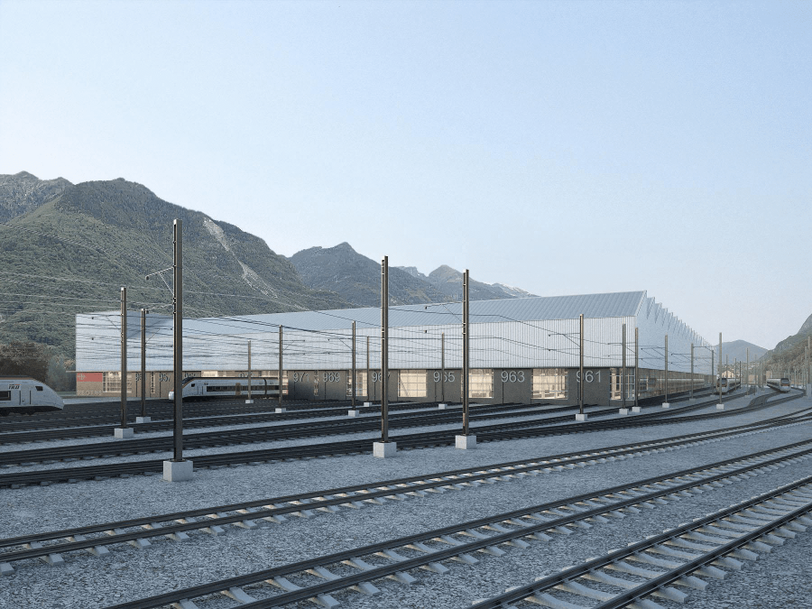 Visualisation of SBB’s future long-track maintenance hall in Ticino, Switzerland, showing both a realistic rendering of the exterior with mountainous background and a technical 3D layout of the facility design.