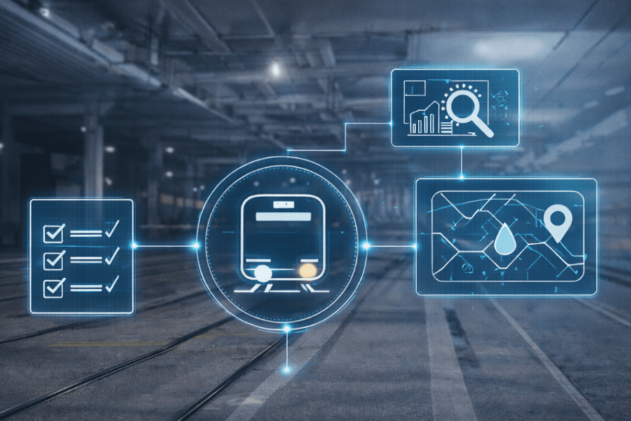 Visualisierung eines digitalen Schmiersystems mit Zug, Datenanalyse und streckenbasierter Überwachung im Depot.