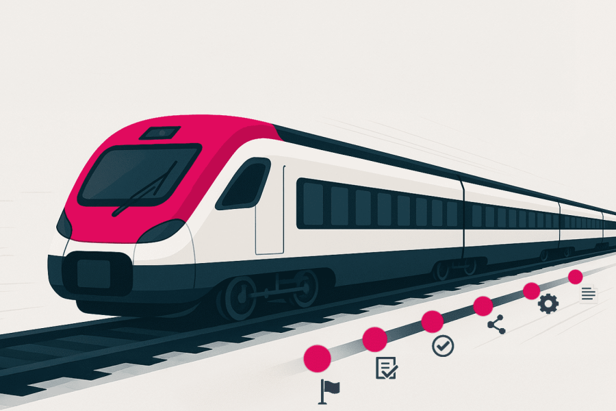 Illustration eines modernen Personenzugs, der die einzelnen Phasen eines Schienenfahrzeugprojekts vom Konzept bis zur Inbetriebnahme darstellt.
