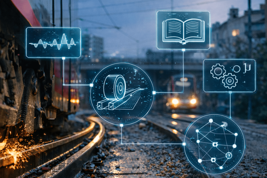 Visualisierung intelligenter Schienenkopfschmierung mit Rad-Schiene-Interaktion, Verschleissmechanismen und datenbasierter Bahntechnik.