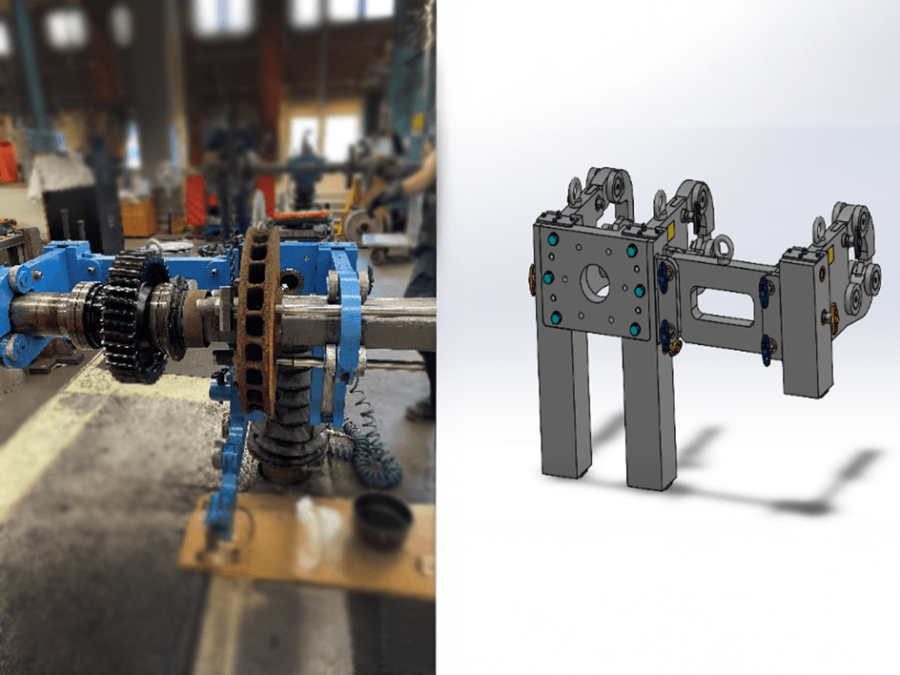 Railway axle handling equipment with a workshop fixture and CAD model of the axle lift and support console