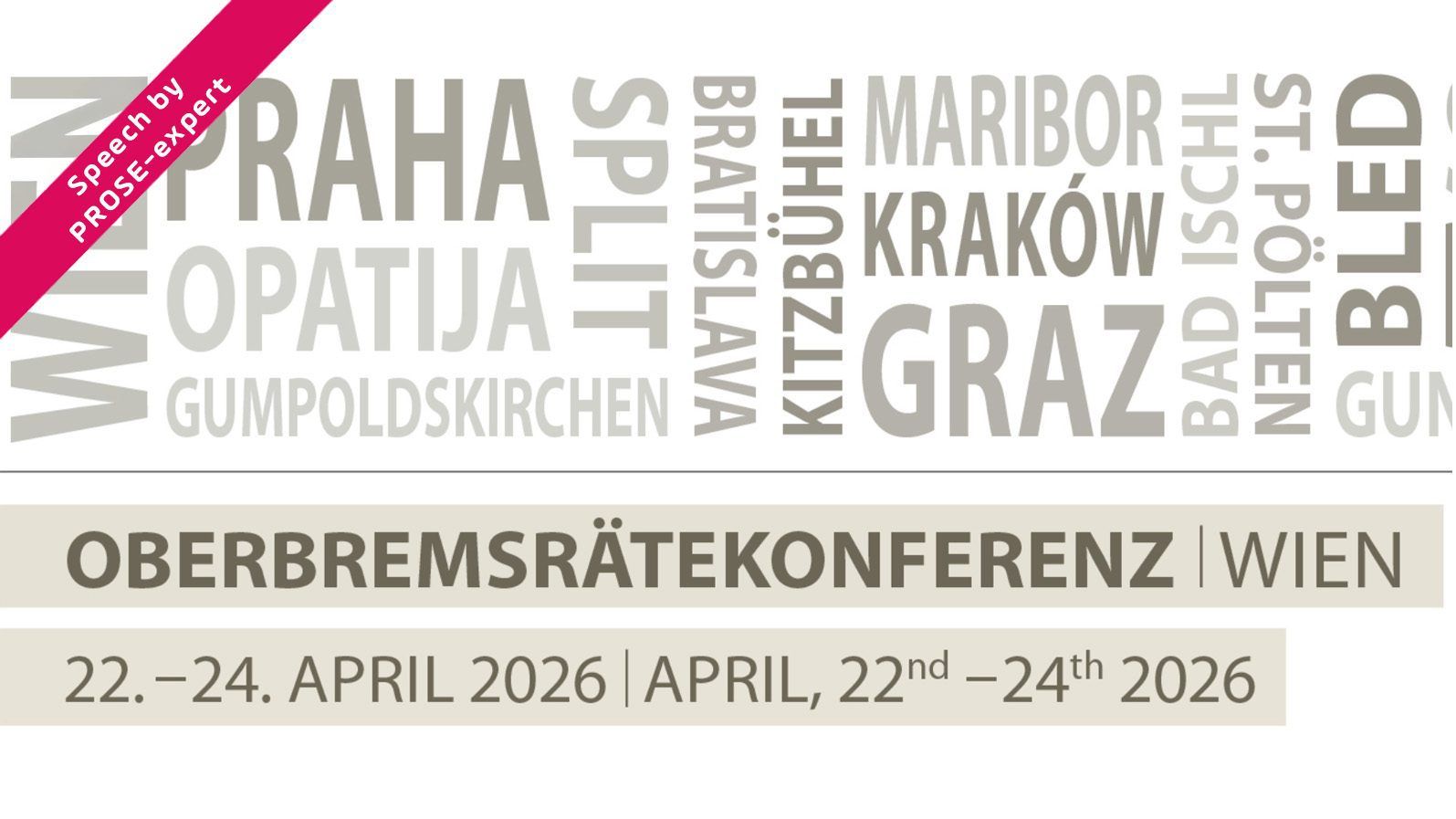 Event graphic listing European cities and announcing the Oberbremsrätekonferenz in Vienna, 22–24 April 2026