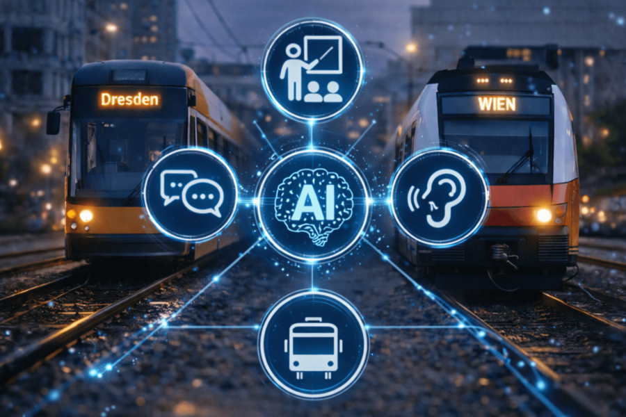 Zwei Züge in Dresden und Wien mit KI-Symbolen, die intelligente Schienenkopfkonditionierung, akustisches Monitoring und datenbasierte Bahnoptimierung darstellen.
