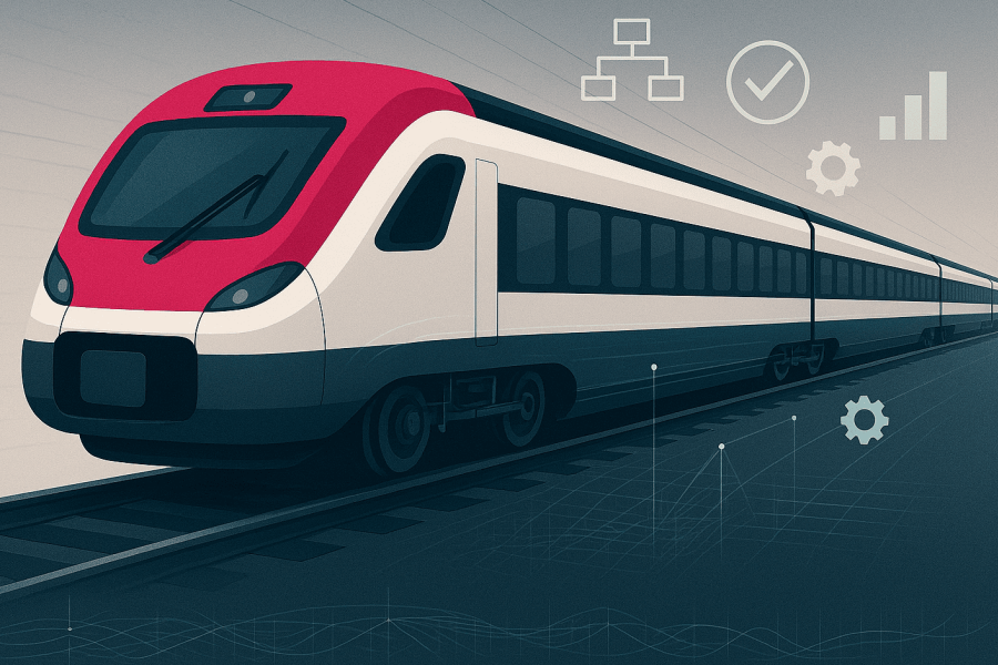 Modern passenger train illustrating digitalised rail maintenance, fleet optimisation and data-driven lifecycle management by PROSE.