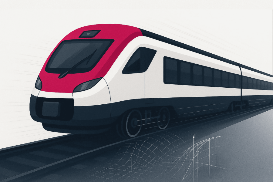 Darstellung eines modernen Zuges auf Schienen, die die Dynamik der Rad-Schiene-Wechselwirkung veranschaulicht und die Verbesserungen hinsichtlich Fahrdynamik und Stabilität durch PROSE zeigt.